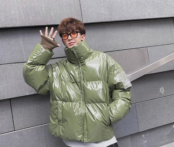 

2020 new winter collar loose bright leather fabric jacket wind thick warm coat men women couple purple cotton clothing, Black