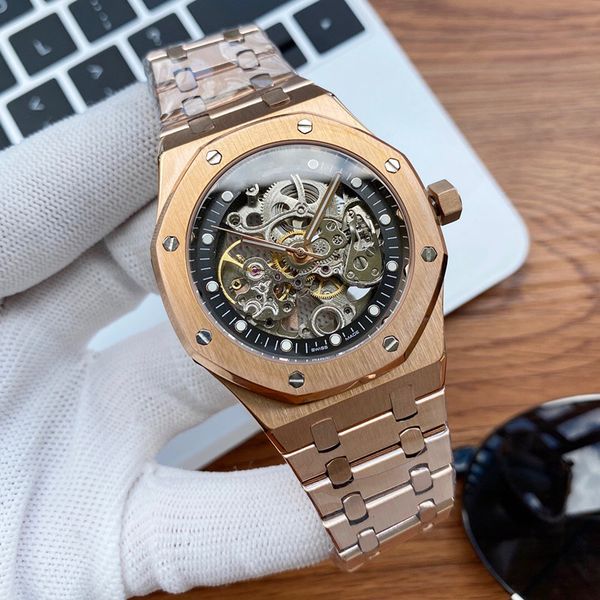 

mens watch dial hollow out 316l stainless steel automatic mechanical men watches movement 43mm montre de luxe 1c, Slivery;brown