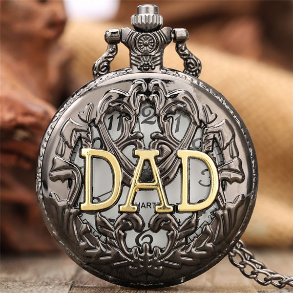 Vintage Retro Black Golden DAD Design Pocket Watch Father Men Analog Quartz Watches Necklace Chain Birthday Gift to Male