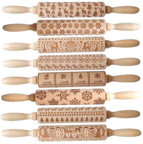 

embossing rolling pin merry christmas decorations cookies biscuit fondant cake dough engraved roller elk wooden baking moulds gga3680