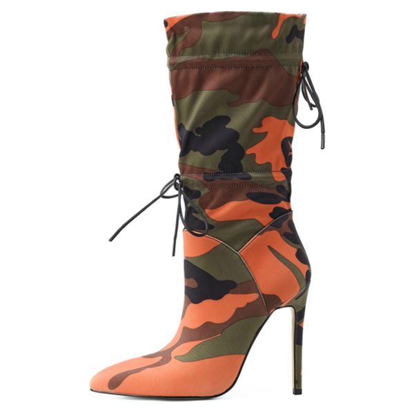

high heels mid-calf for women stilettos fashion camouflage boots woman shoes 2020 winter lace up chic night club boots, Black