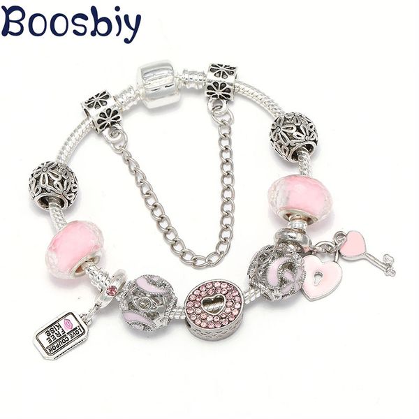 

boosbiy new arrival charms bracelets with pink key & love voucher beads pendants fit brand bracelet jewelry gift for lover, Golden;silver