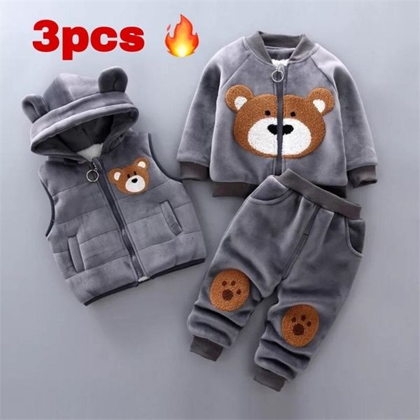 

baby girl clothing boy clothes gold velvet warm clothes bear cartoon printing plus velvet thick sweater hooded vest jacket 3pcs c0922, White