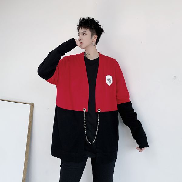 

2020 new spring male streetwear hip hop splice color knitted outerwear sweater men chain thin casual cardigan sweater, White;black