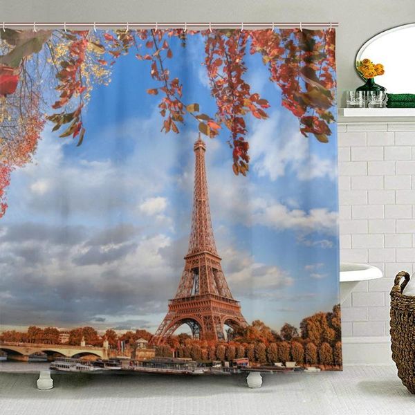 

paris eiffel tower with autumn leaves shower curtains polyester fabric bathroom curtain waterproof bath curtain for bathroom