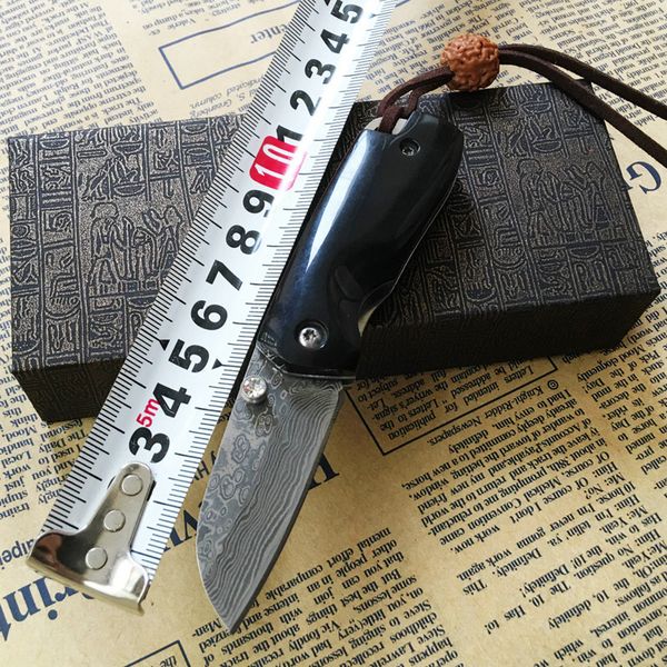 

great quality mini black handle damascus sharp blade folding camping hunting pocket knife multifunction gift tool