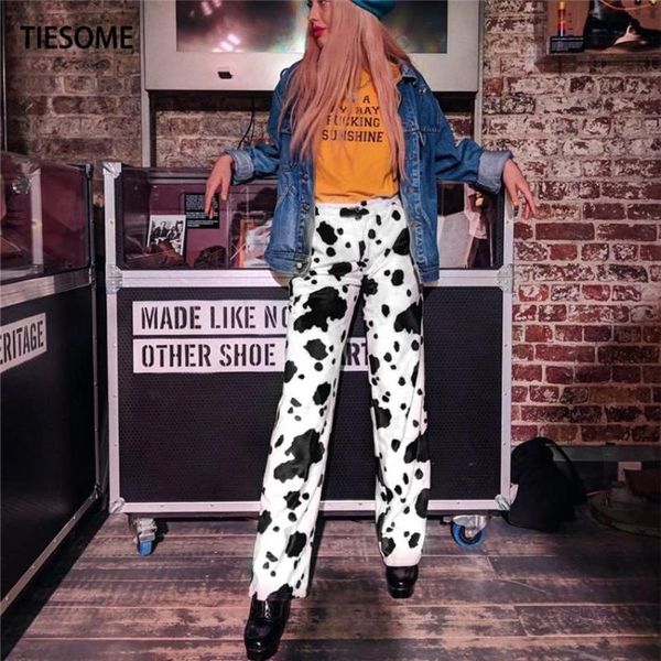 

tiesome casual elastic high waist milk cow print pants women summer straight loose fashion trousers heat pantalon femme pants, Black;white