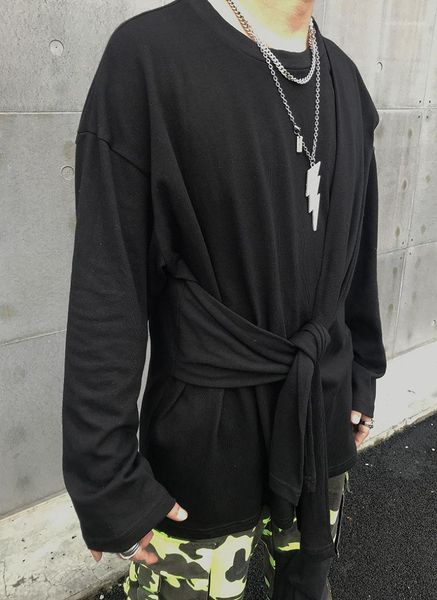 

bandage tshirt solid dark styles mens long sleeve tshirt breathable casual autumn clothes designer mens irregular, White;black