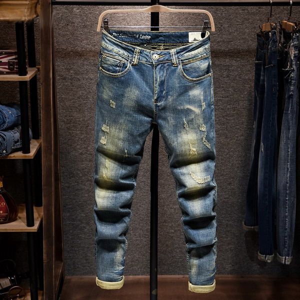 

mens jeans classic pocket long pants autumn fashion streetwear dark blue zipper fly mens denim pants teenager asian plus size