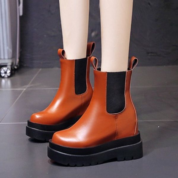 

women's mid-calf boots 2020 autumn pu leather thick sole wedges shoes for woman autumn boots ladies chunky boot shoes, Black