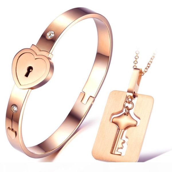 

316l stainless steel lovers heart lock diamond bangles key pendant necklace couple jewelry set lover's valentine's day wedding bir, Silver