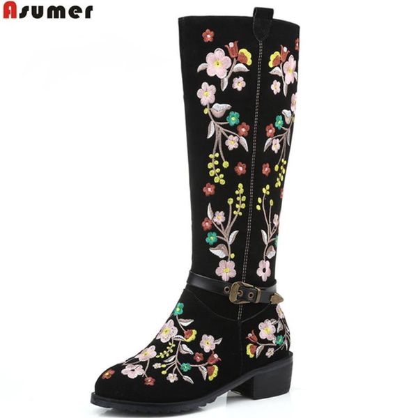 

boots asumer 2021 winter arrive women flock zipper embroider square heel ladies buckle knee high big size 34-46, Black
