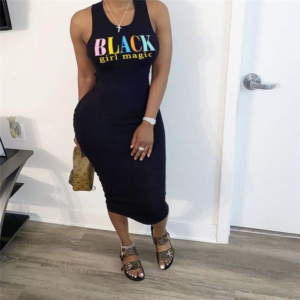 

casual solid color female clothes summer letters printed womens dresses designer sleeveless skinny ladies dresses, Black;gray