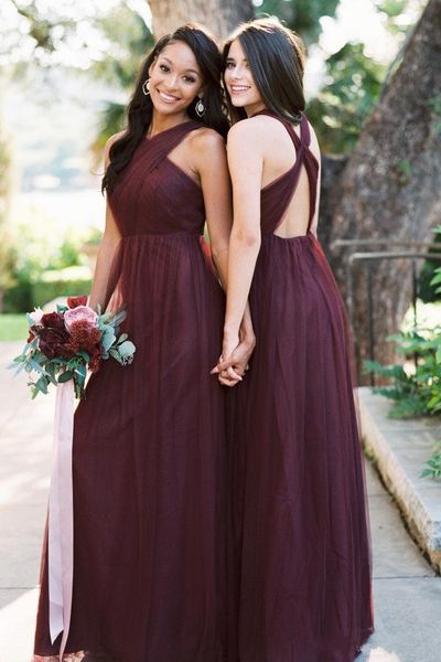 Festa de casamento Estilo barata País Burgundy Praia A Linha da dama de honra Vestidos Backless Tulle Clientes vestidos sem costas dama de honra Vestido