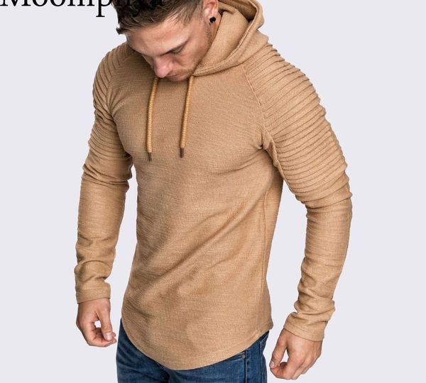 

moomphya raglan sleeve hooded men t shirt pleated sleeve t-shirt men longline curved hem hip hop slim tshirt streetwear t200617, White;black