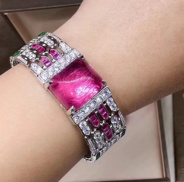 

wholesale designer cuff red natural stone white/green cubic zirconia paved bangle 18k white gold plated bracelets for women, Black