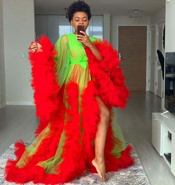 

colorful bathgowns see through tulle ruffles rose pink long kimono tiered ruched a-line prom gowns puffy sleeves african cape cloak, White;pink