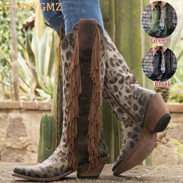 

новые женщины кожаные сапоги vintage кисточкой leopard boots езда tall осень зима теплая заостренный toe дамы ковбой, Black
