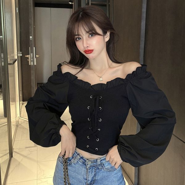

women dressises 2020 early autumn new style hong kong style design sense off-shoulder chiffon stitching lace-up slimming knitted shirt f, White