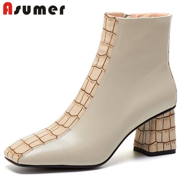 

asumer 2020 genuine leather ankle boots women square toe mixed colors thick heel dress shoes ladies short boots, Black