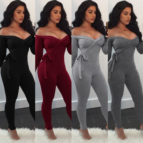 

off shoulder bandage rompers women jumpsuit slash neck long sleeve v neck bodysuit solid backless bodycon catsuit l-jja1979, Black;white