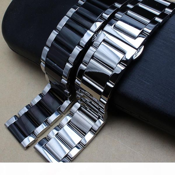 

polished metal black silver watchband 20mm 22mm 24mm stainless steel watch band strap men silver bracelet replacement solid link t190620, Black;brown