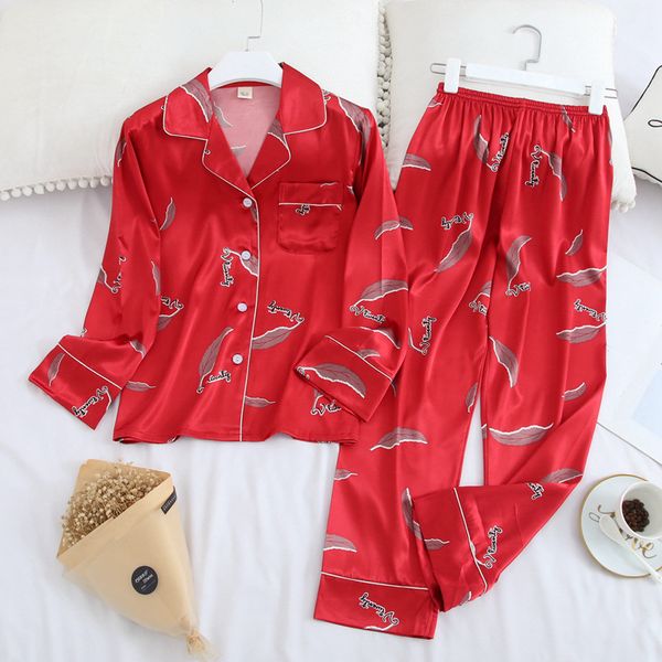 

silk satin pajamas set women pajama set printing fashion pajamas long sleeve pyjamas set 2020, White
