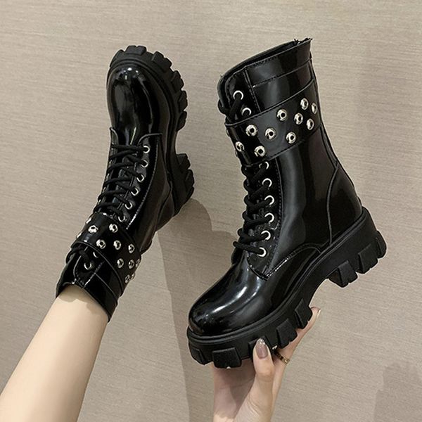 

2020 platform patent women leather boots rivet autumn punk motorcycle boots wedge heel platform shoes ladies ankle woman, Black