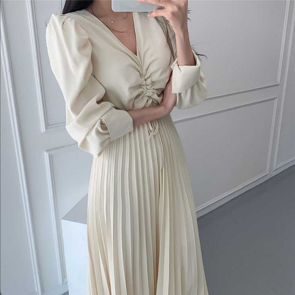 

2020 fall korean ladies style simple and elegant dressed colid color drawstring pleated waist slim fit soft dress women, Black;gray