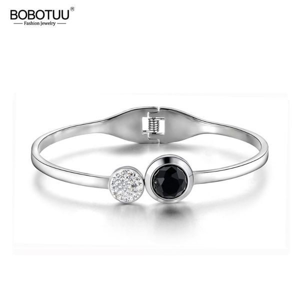 

bobotuu classic titanium steel rhinestone cuff bracelets bangles luxury cubic zirconia wedding bangle jewelry for women bb18042, Black