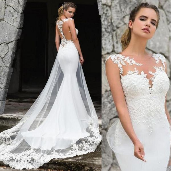 

wedding dresses bridals gowns mermaid wedding dresses country style beach vintage rustic boho jewel neck illusion lace beads wedding dress, White