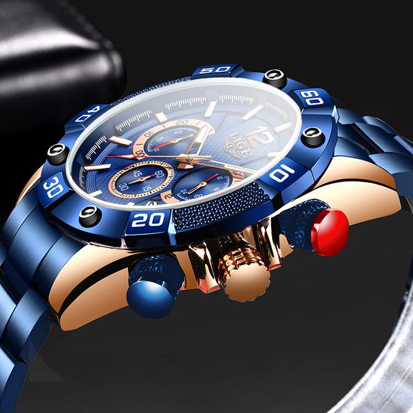 

2020 new lige blue stainless steel mens watches clock male fashion big dial waterproof watch men sport watch, Slivery;brown