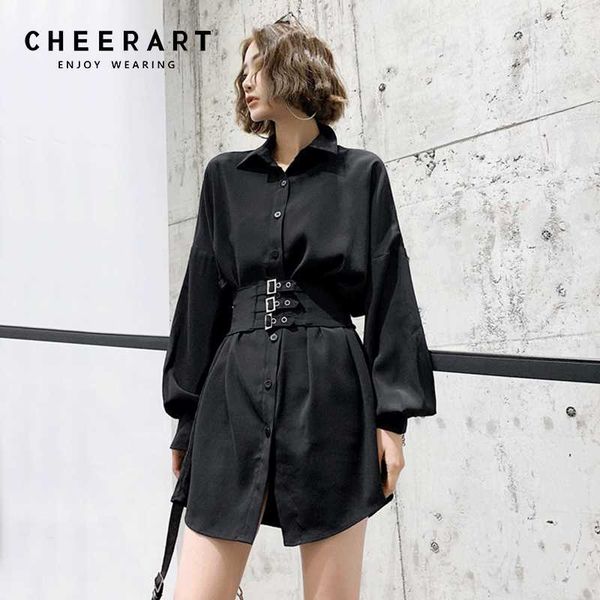 

cheerart black shirt dress with corset tunic dress women long sleeve gothic lace up collar clothing, Black;gray