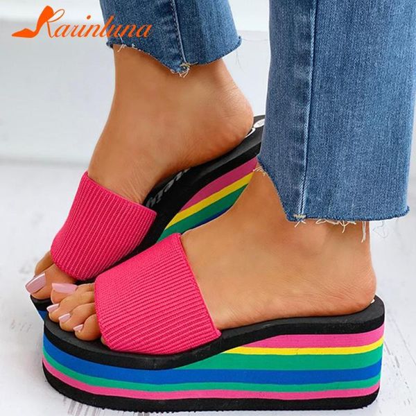 

ins knitting rainbow colorful wedges high heels leisure summer sandal women platform slippers shoes, Black