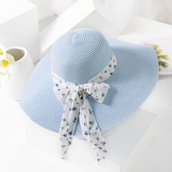 

2021 new summer female sun bow ribbon panama beach hats for women chapeu feminino sombrero floppy straw hat c7pw, Blue;gray