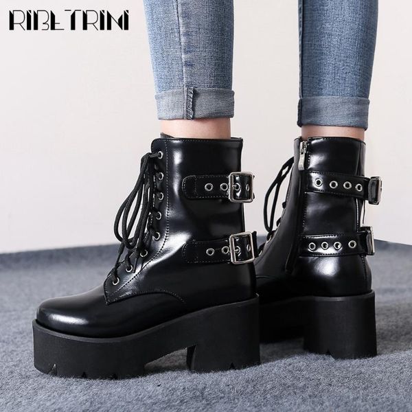 

ribetrini female high heels platform design shoes platform lace up buckle brand mid calf women boots fashion boots, Black