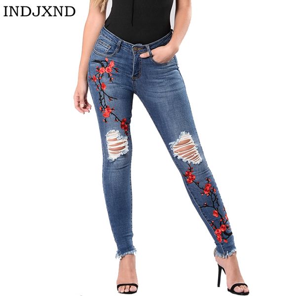 

women's jeans women stretch high waist skinny embroidery without ripped woman floral holes denim pants trousers pencil, Blue