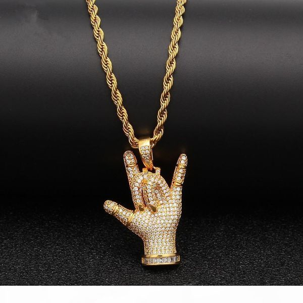 

hip hop iced out i love you gesture pendant necklace gold silver plated micro paved zircon ice jewelry for women gift