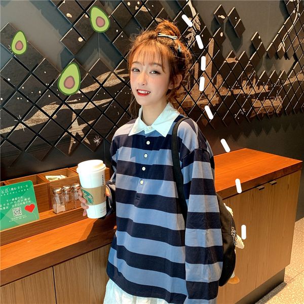 

stripe women shirt long sleeve casual cotton yellow blue black pink lady harajuku shirts schoolgirl tunic shirt, White