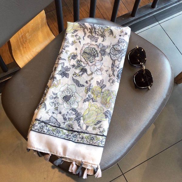 

gentle floral whitening temperament cotton and linen thin custom scarf travel sunscreen shawl, Blue;gray