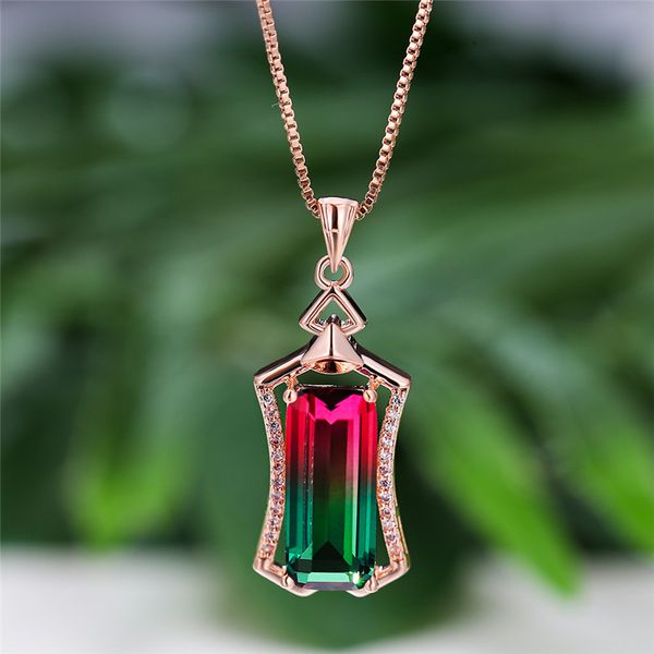 

creative watermelon color rainbow stone pendant necklaces for women vintage fashion rose gold jewelry gradient zircon necklace, Silver