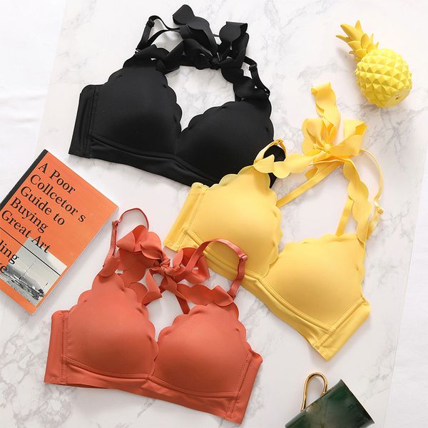 

halter bralette wire seamless bra set thin breathable solid color bra and panty set lingerie underwear women bras panties, Red;black