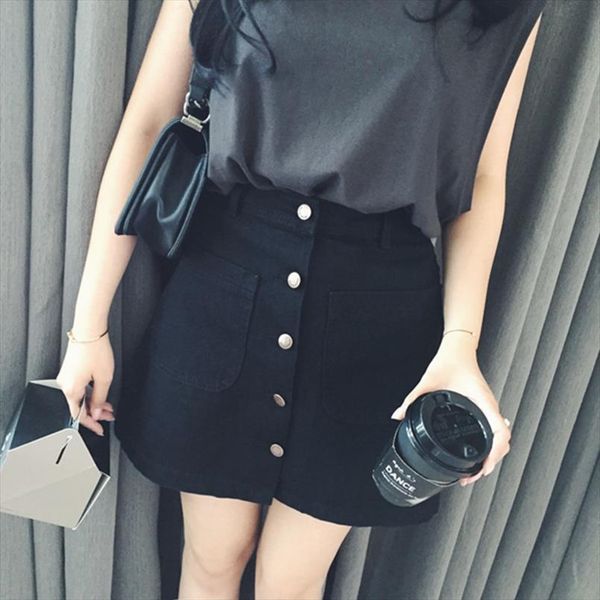 

new 2020 summer girls a line korean mini jeans skirt single button waist denim pencil skirts summer skirt women, Black