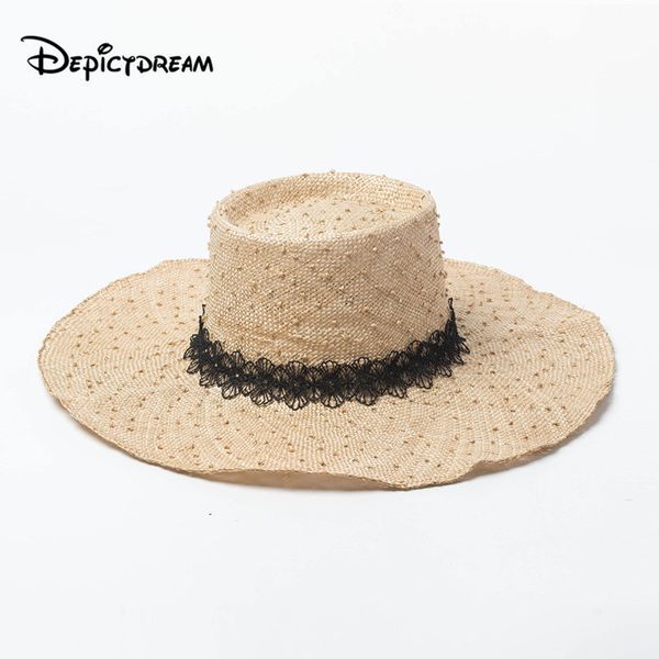 

new summer sun hats ladies lace ribbon handwork wave point knitting big eaves sisal grass outdoor sunscreen beach straw hat, Blue;gray