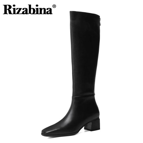 

rizabina new women knee high boots real leather square toe women winter long boots fashion cool winter shoes woman size 34-39, Black