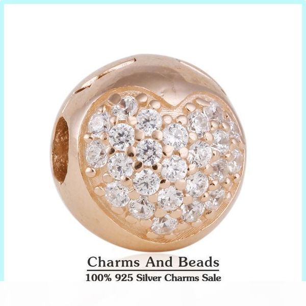 

100% 925 sterling silver & rose gold plated pave heart clip bead fits european designer chamilia jewelry charm bracelets, Black
