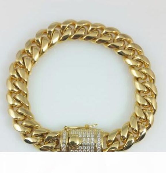

men yellow gold stainless steel lab diamond miami cuban chain bracelets, Black