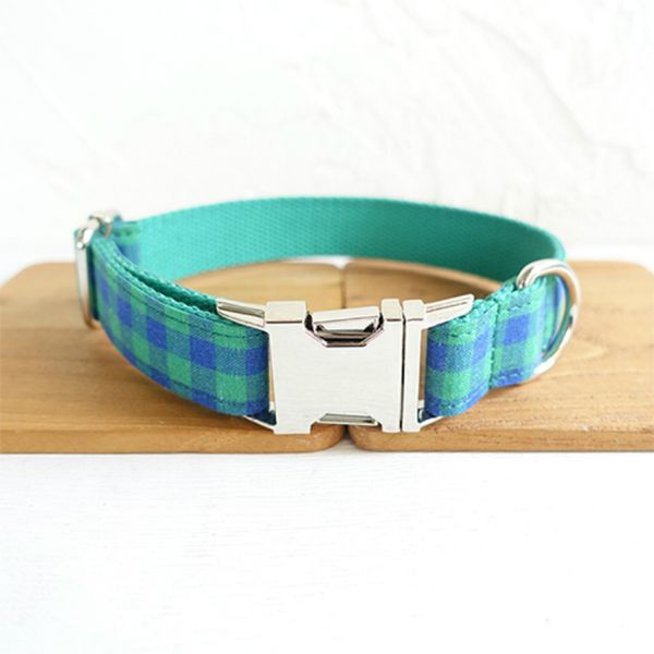 

customized dog collar set engraved puppy id tag the blue green plaid anti-lost adjustable pet supplies puppy accessories