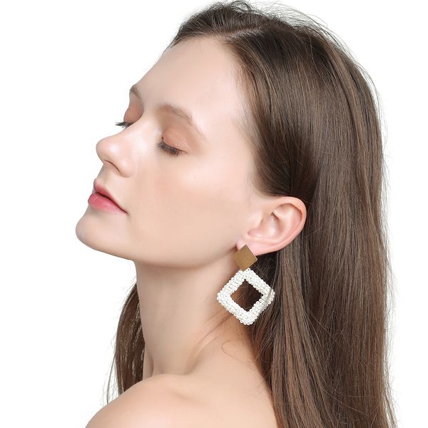 

metal earrings with square-shaped seedbeads eight colors for option elegant and versatile not easy to fall off, Silver