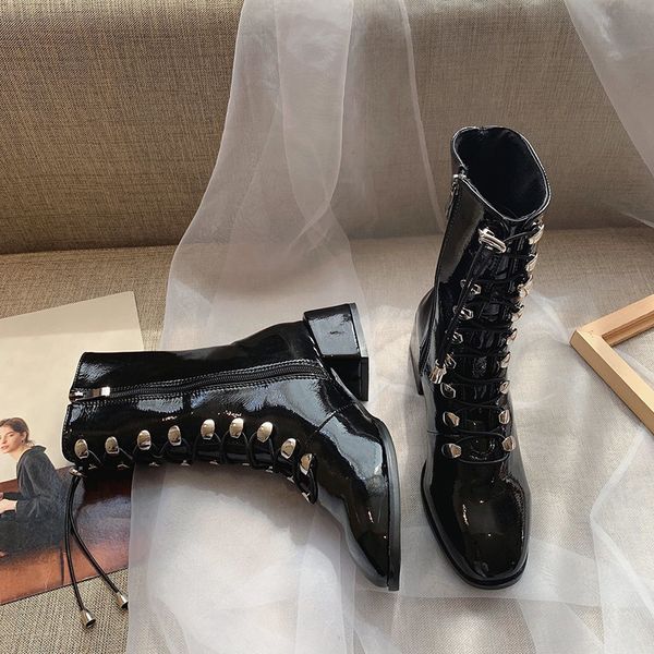 

shoes fashion boots woman zipper round toe booties ladies punk rock med riding lolita mid calf rubber leather mid-calf, Black